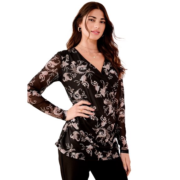 Roaman's Women's Plus Size V-Neck Mesh Blouse