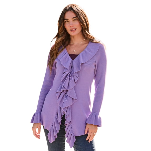 Roaman's Women's Plus Size V-Neck Ruffle Trim Tie-Front Cardigan