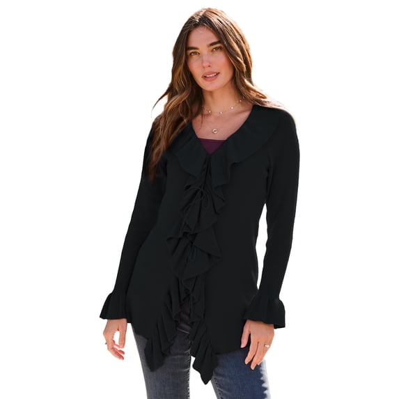 Roaman's Women's Plus Size V-Neck Ruffle Trim Tie-Front Cardigan