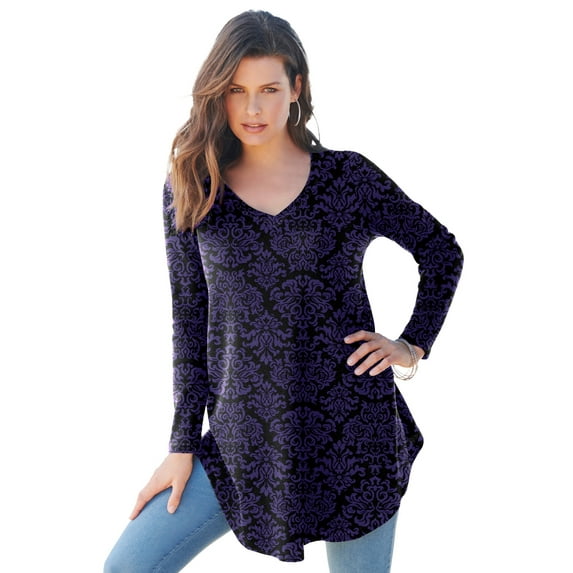 Roaman's Women's Plus Size Knit Thermal V Neck Swing Tunic – Long Sleeve