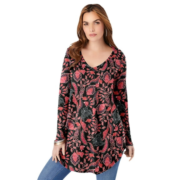 Roaman's Women's Plus Size Knit Thermal V Neck Swing Tunic – Long Sleeve