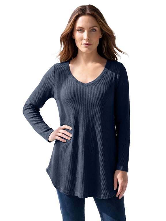 Women's Plus Size Knit Thermal V Neck Swing Tunic – Long Sleeve