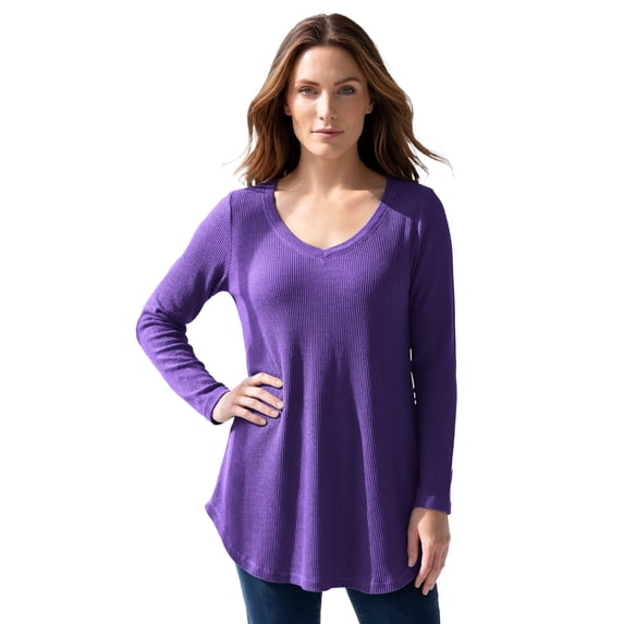 Roaman's Women's Plus Size Knit Thermal V Neck Swing Tunic – Long Sleeve