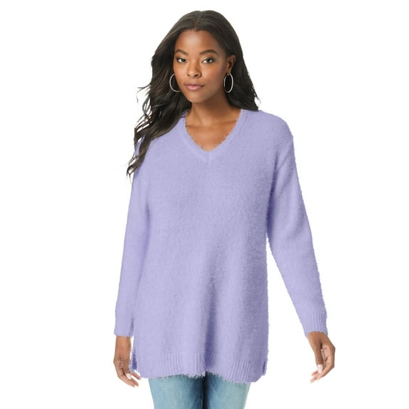 Roaman's Women's Plus Size Eyelash V Neck Sweater