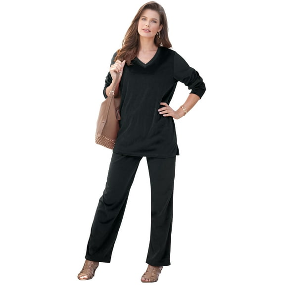 Roaman's Women's Plus Size Two-Piece V-Neck Velour Set