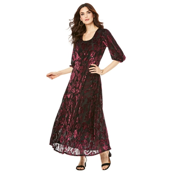 Roaman's Women's Plus Size Plus-Size Velvet 3/4 Sleeve Burnout Overlay Dress With Sheer Sleeves