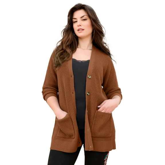 Roaman's Women's Plus Size Waffle Button Front Cardigan