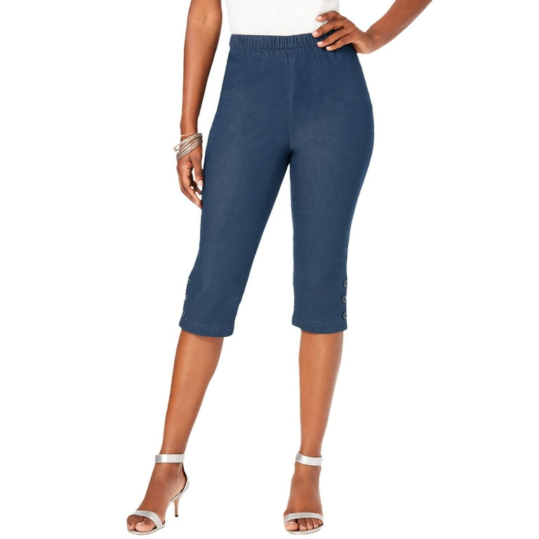 Roamans Women's Plus Size Pull-On Button-Detail Stretch Capri Jean 