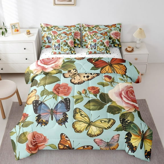 Roamantic Rose Twin Comforter Set - 7 Pieces Bed in A Bag Butterflies Comforters,Vlaentine Gift Bedding Sets with Comforter, Flat Sheet, Fitted Sheet and Pillowcases & Shams