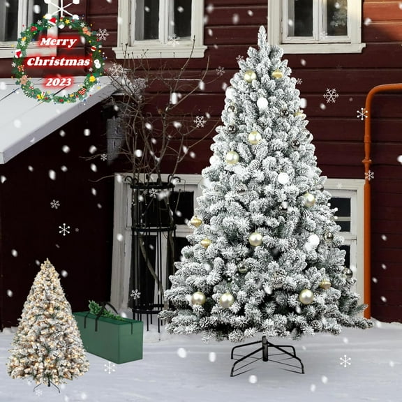 Roamrider 7.5ft Snow Flocked Christmas Tree Pre-Lit White Artificial Hinged Bushy Spruce
