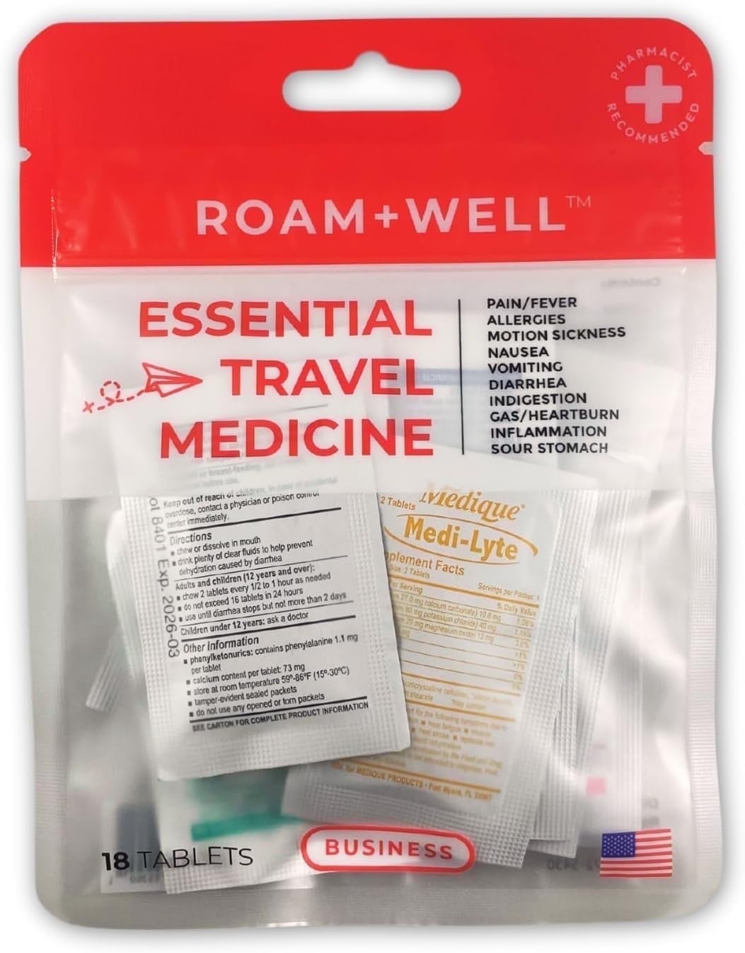 Roamwell Essential Travel Medicine Kit, OTC Travel Medication, TSA Approved (Business | 18 tablets)