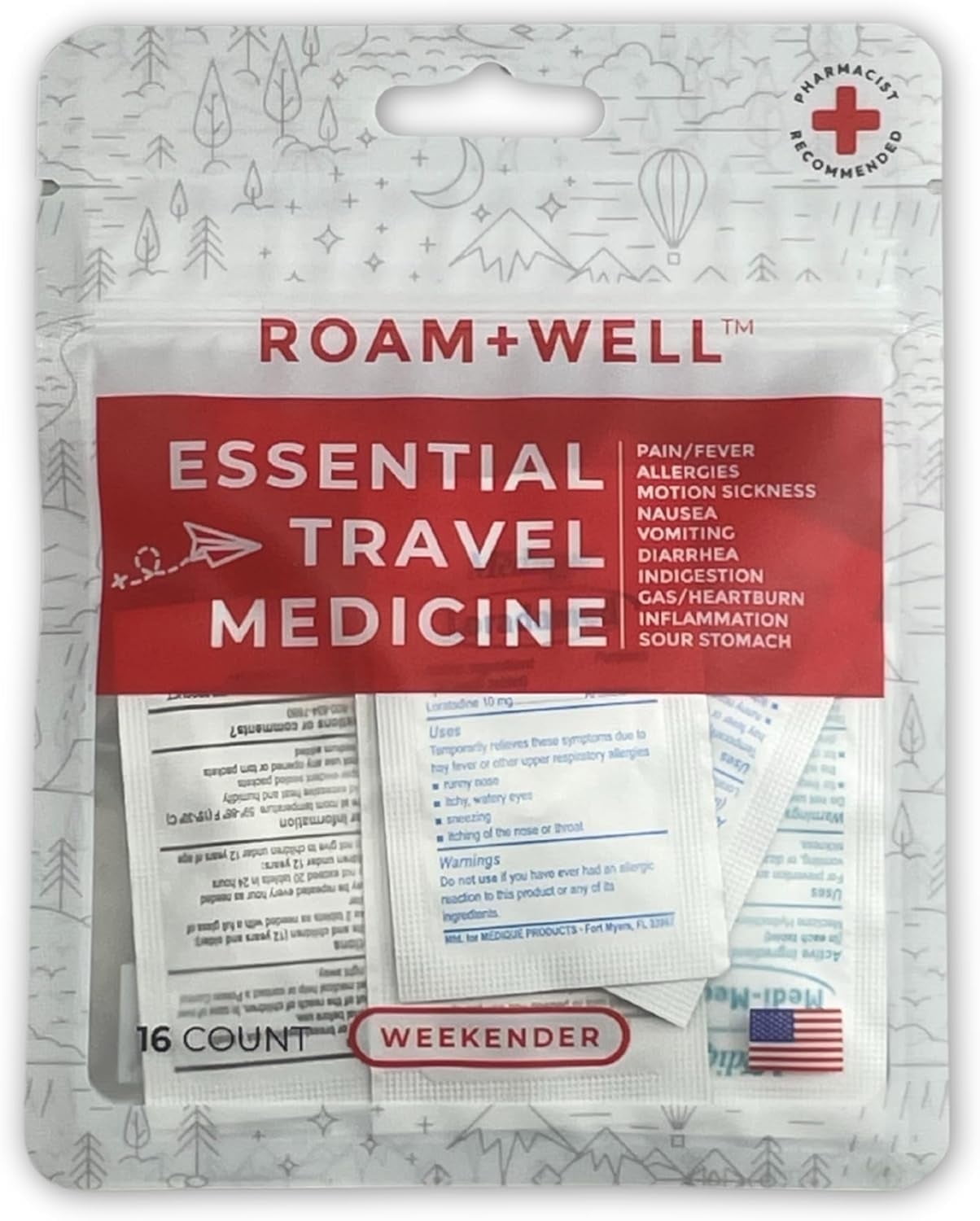 Roamwell Essential Travel Medicine Kit, OTC Travel Medication, TSA Approved (Weekender | 16 Tablets)