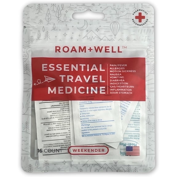 Roamwell Essential Travel Medicine Kit, OTC Travel Medication, TSA Approved (Weekender | 16 Tablets)