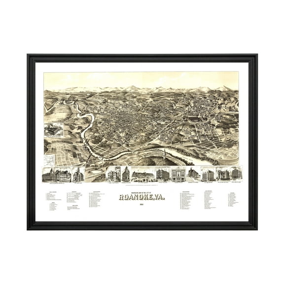 Roanoke Art, 1891 Vintage Map of Roanoke Virginia, VA History Wall Decor Gift, Old Roanoke Map - 24" x 18" Black Framed Print