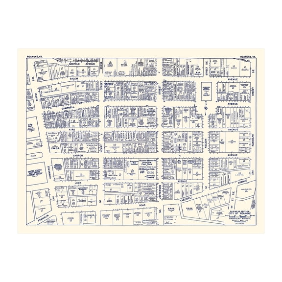Roanoke Art, 1950 Vintage Map of Downtown Roanoke Virginia, VA History Wall Decor Gift, Old Roanoke Map - 24" x 18" Unframed Print