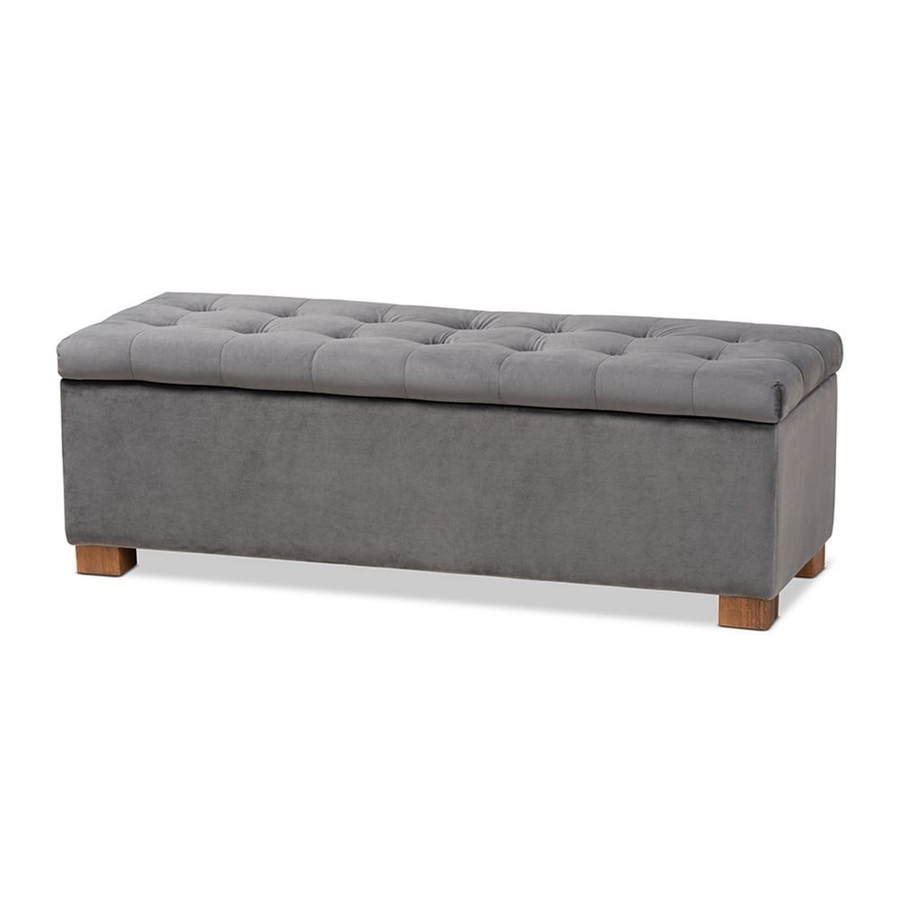 Gray Velvet Upholstered Grid Tufted Storage Ottoman Bench
