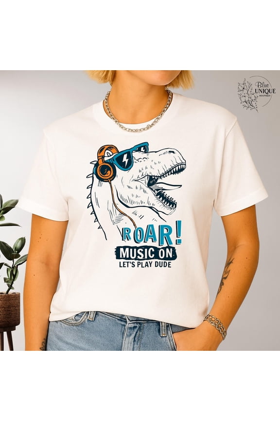 Roar Music On T-Shirt Music Lover T-Rex Tee Fun Graphic Shirt For Men Women Dino Music Shirt Birthday Shirt Roaring T-Rex Shirt, Full Size S-5XL