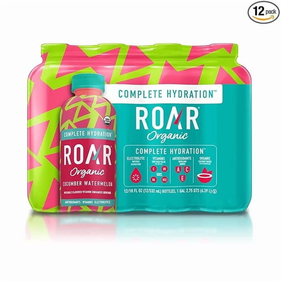 Roar Organic Beverage Cucumber Watermleon with Antioxidants, B Vitamins, Low-Calorie, Low-Sugar, Low-Carb, 18 Fl Oz (Pack of 12)
