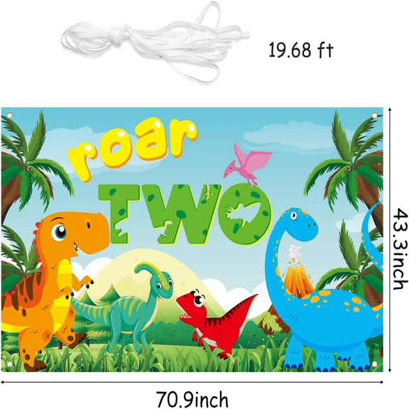 MALLMALL6 Dinosaur Theme 2nd Birthday Backdrop Banner,Photo Background,71x43 inch,1 Count