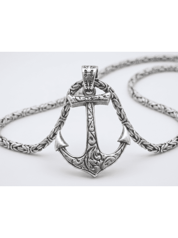 Engraved Anchor Pendant in Solid Artisan Silver