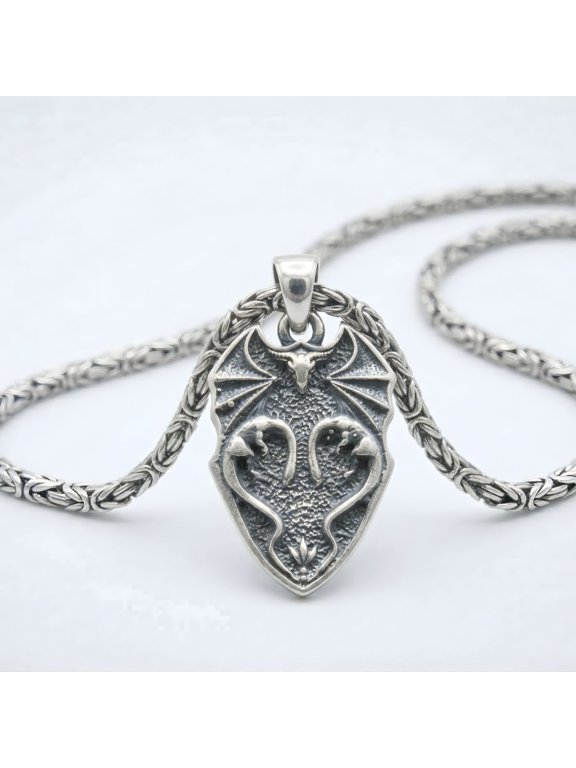 Gothic Shield Pendant | Solid Artisan Silver | Oxidized Antique Fantasy Amulet | Unisex Bat Wing and Serpent Charm