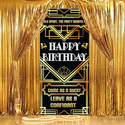 Roaring 20s Birthday Party Decorations, 1920s Themed Backdrop Door Sign, Gold Foil Curtain for Speakeasy Party Decor, Great Gatsby Style Photo Booth Supplies