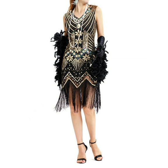 Roaring 20s Dresses for Women 1920s Flapper Dress Plus Size Beaded Tassel Sequin Vintage Dress Party Cocktail Prom Gowns Gold XXXL