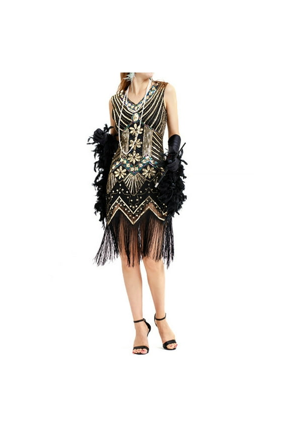 Roaring 20s Dresses for Women 1920s Flapper Dress Plus Size Beaded Tassel Sequin Vintage Dress Party Cocktail Prom Gowns Gold XXXL