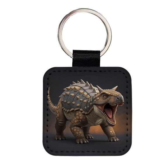 Roaring Ankylosaurus Dinosaur Faux Leather Square Keychain