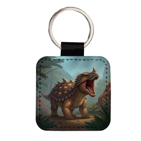 Roaring Ankylosaurus Dinosaur Mountains Faux Leather Square Keychain