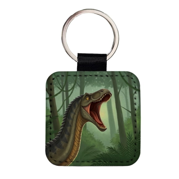 Roaring Apatosaurus Dinosaur Forest Faux Leather Square Keychain