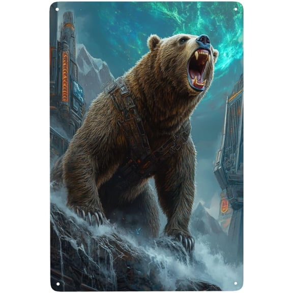 Roaring Brown Bear in City Metal Tin Sign, Sci-Fi Wall Art Tinplate, Easy to Hang Aluminum Plaque for Indoor or Outdoor Walls, 8x12 Inch