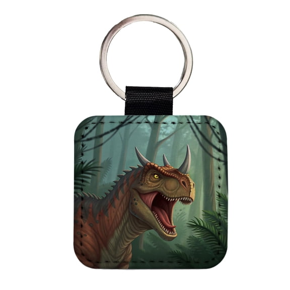 Roaring Carnotaurus Dinosaur Faux Leather Square Keychain