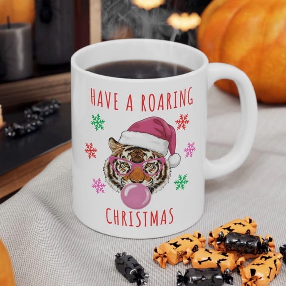 Roaring Cistmas Tiger Mug, Tea Cup, Coffee Mug - day Gift with Bohemian Glam Design, Pink t Eye Gles and Bubble Gum, oz oz.