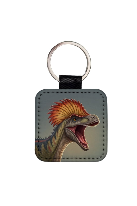 Roaring Dilophosaurus Dinosaur Faux Leather Square Keychain