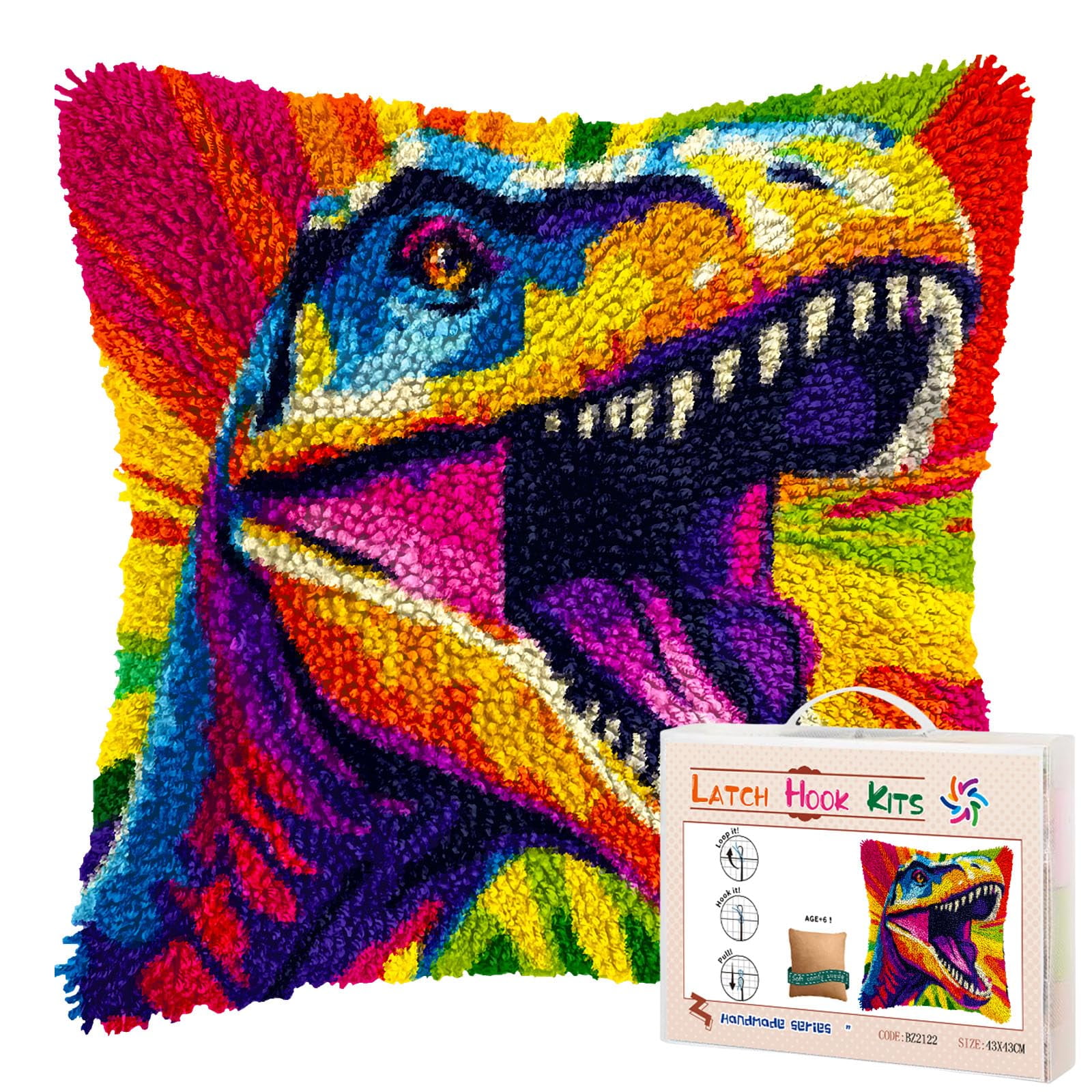 Roaring Dinosaur DIY Latch Hook Pillow Kits for Adults Printed Pillowcase Crochet Yarns Hooking Handmade Pillow Cover Cushion for Home Sofa Decoration 17x17inch