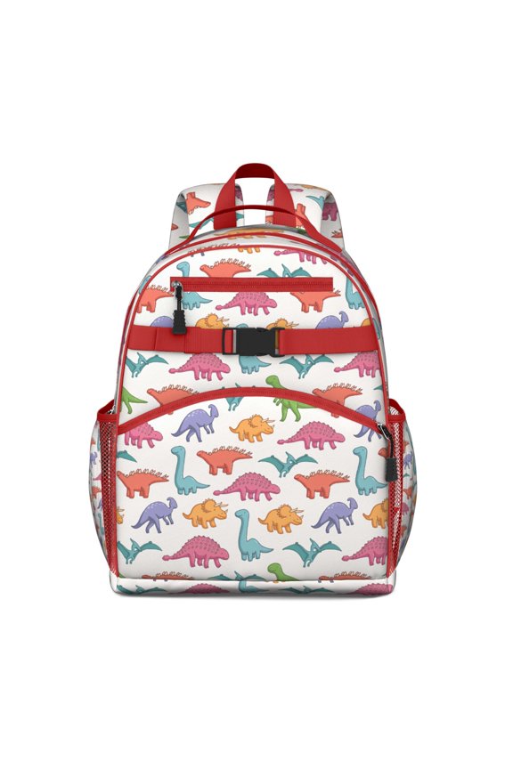Roaring Dinosaur Students Backpack with Colorful Cartoon Dino and Abstract Stars Planets Pattern