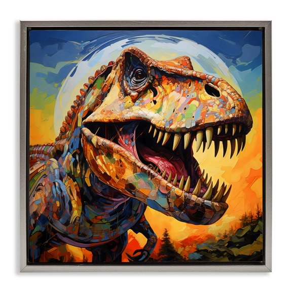 Stupell Industries Roaring Dinosaur Vibrant Pattern Gray Framed Floater Canvas Wall Art, design by Creative Studio, 25 x 25