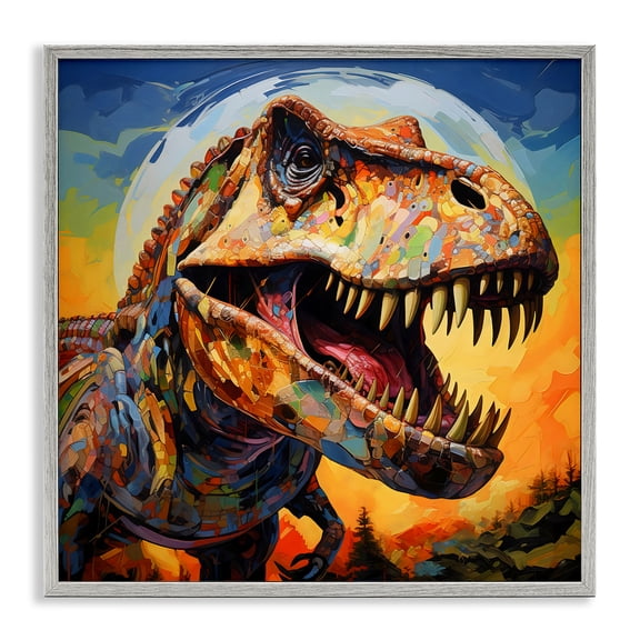 Stupell Industries Roaring Dinosaur Vibrant Pattern Gray Framed Giclee Art, design by Creative Studio, 12 x 12