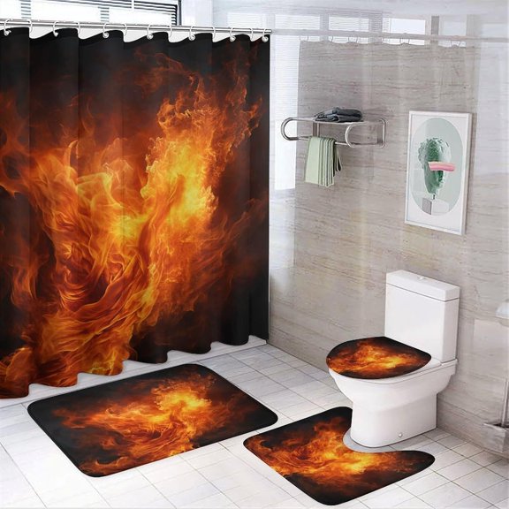 Roaring Flame Bathroom Rugs Sets 4 Piece | Shower curtain sets, non-slip absorbent soft flannel bath mat, u-shaped toilet mat & lid cover, bathroom decor accessories