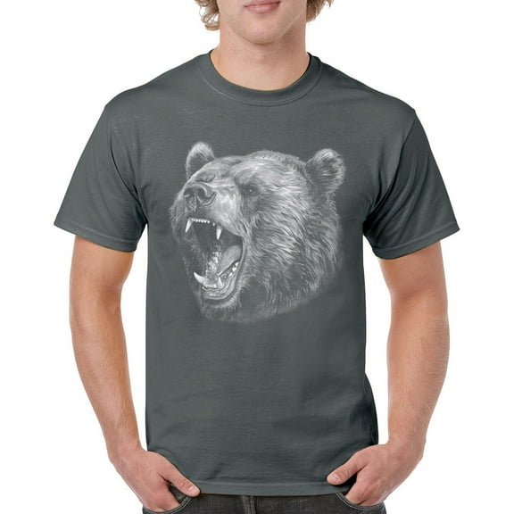 Roaring Grizzly Bear T-shirt Wild Animal Fierce Black and White Nature Wildlife Forest Predator Beast Men's Tee