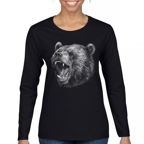 Roaring Grizzly Bear Women's Long Sleeve T-shirt Wild Animal Fierce Black and White Nature Wildlife Forest Predator Beast