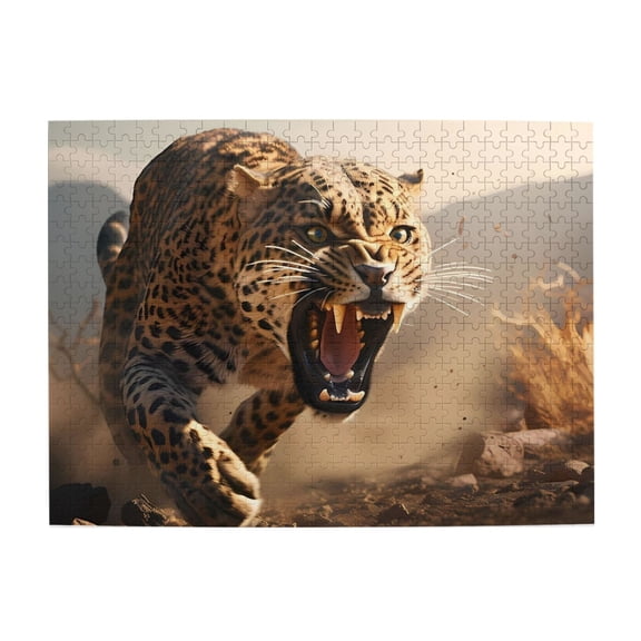Roaring Leopard Attack Run 500-Piece Wooden Jigsaw Puzzle for Adults, Fun & Challenging Family Game, Stylish Wall Decor & Holiday Gift