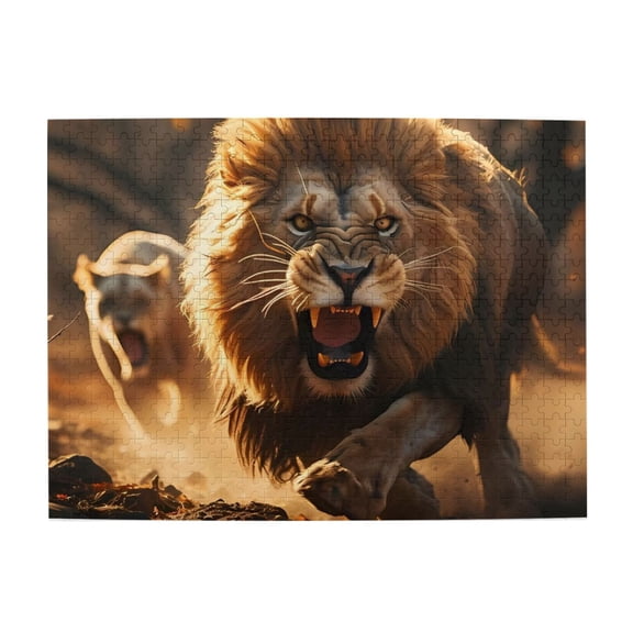 Roaring Lion Furious Attack 500-Piece Wooden Jigsaw Puzzle for Adults, Fun & Challenging Family Brain-Teaser, Perfect Home Decor & Gift