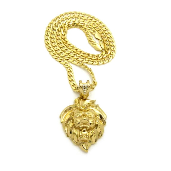Roaring Lion Head 3D Pendant w/ 7mm 30" Cuban Chain Necklace, Gold-Tone