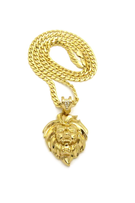 Roaring Lion Head 3D Pendant w/ 7mm 30" Cuban Chain Necklace, Gold-Tone