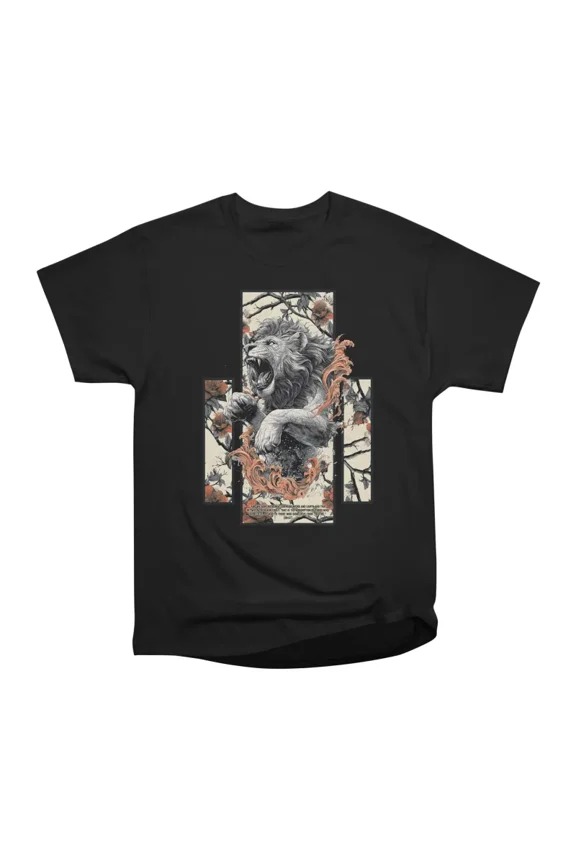 Roaring Lion with Floral and Script Accents T-Shirt Tee Gift For Him Merch For Her Apparel