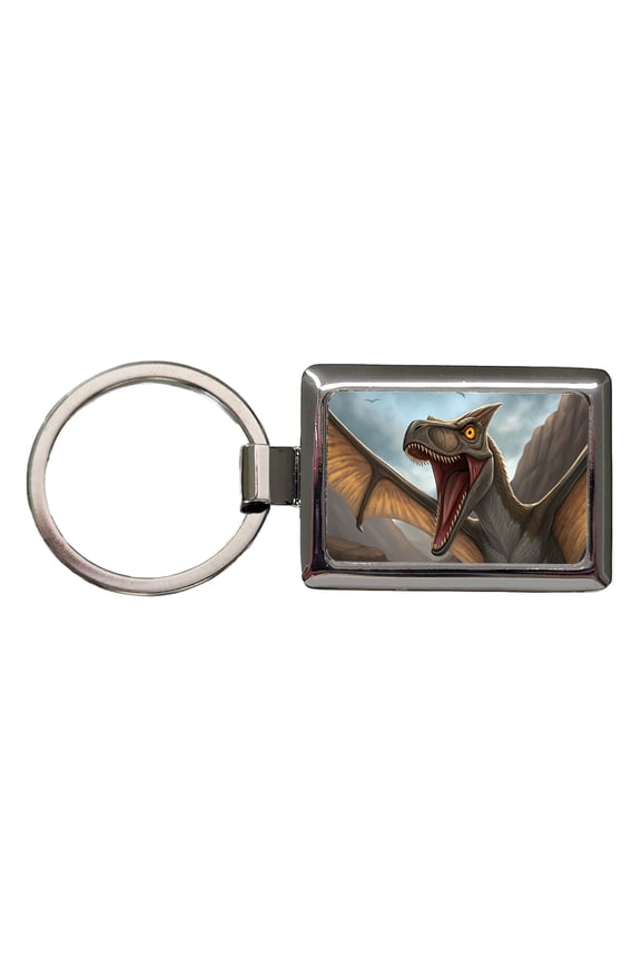 Roaring Pterodactylus Dinosaur Flying Metal Rectangle Keychain