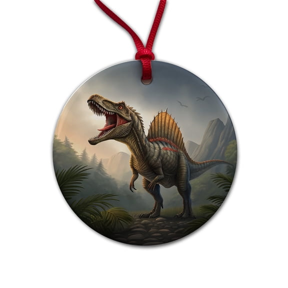 Roaring Spinosaurus Dinosaur Mountains Christmas Tree Holiday Round Ceramic Ornament