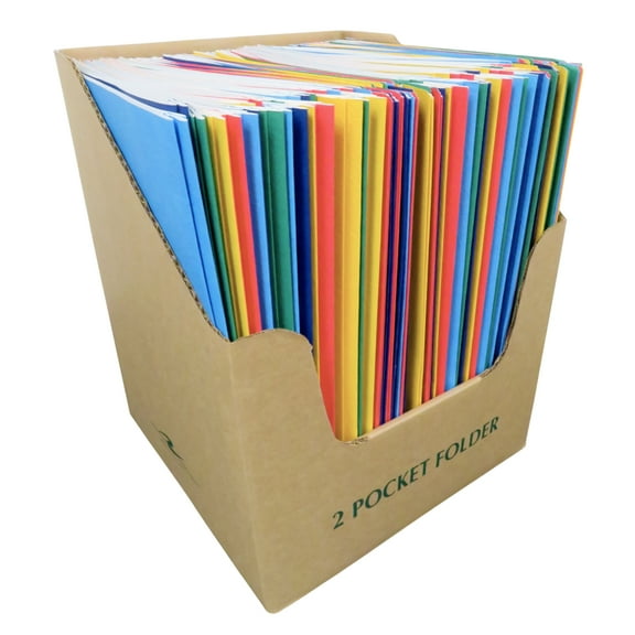 Roaring Spring 100 Pocket Folders with Prongs in Holder, 11.75"x9.5", Double Pockets hold 25 sheets Each, 5 Assorted Colors, Made in the USA